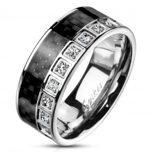 Ocelový prsten stříbrné barvy - černá uhlíková vlákna, čiré zirkony