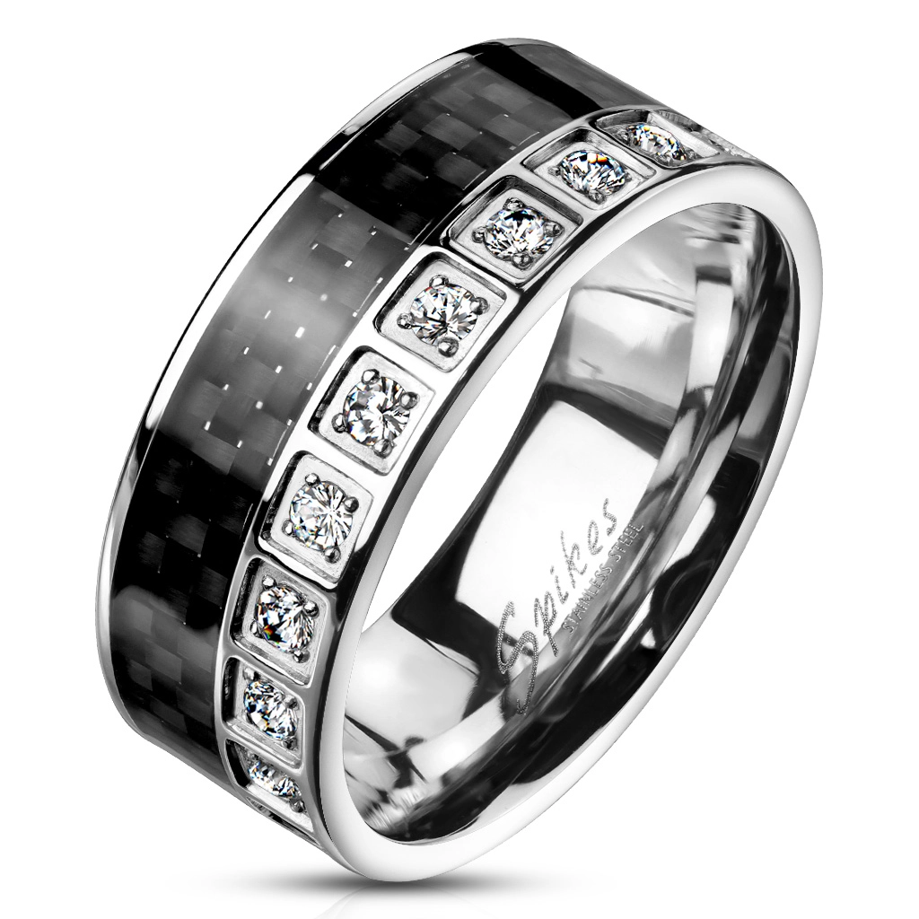 Ocelový prsten stříbrné barvy - černá uhlíková vlákna, čiré zirkony - Velikost: 65