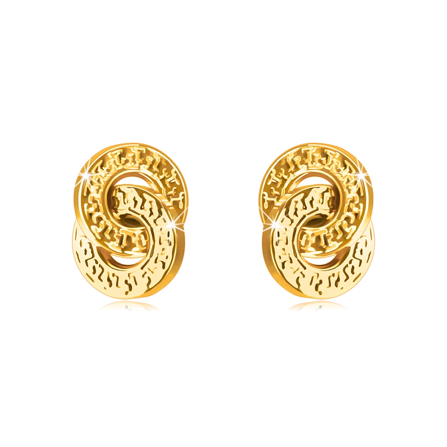 Náušnice ze žlutého 14karátového zlata - dva propletené kruhy s ozdobným rytím