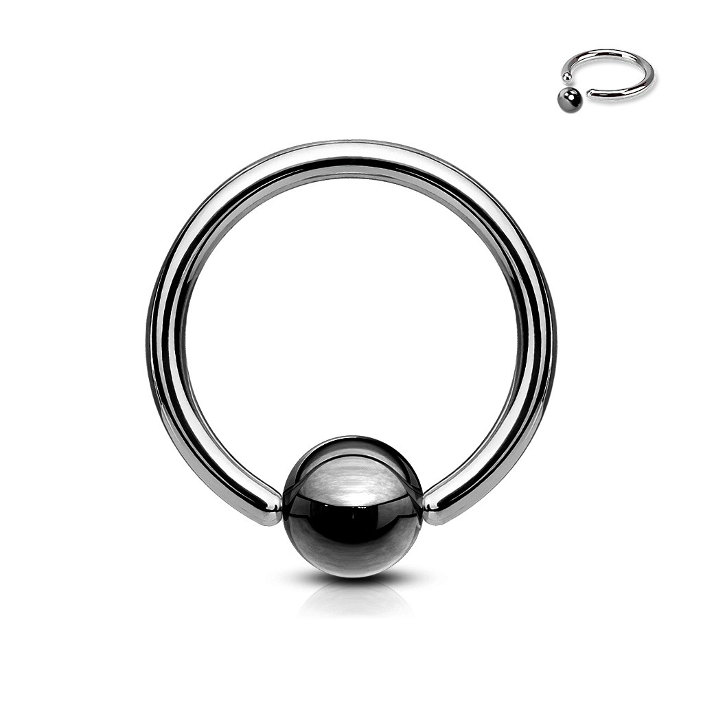 Piercing z oceli 316L - kroužek s tmavě šedou kuličkou - Rozměr: 1,6 mm x 10 mm x 4 mm