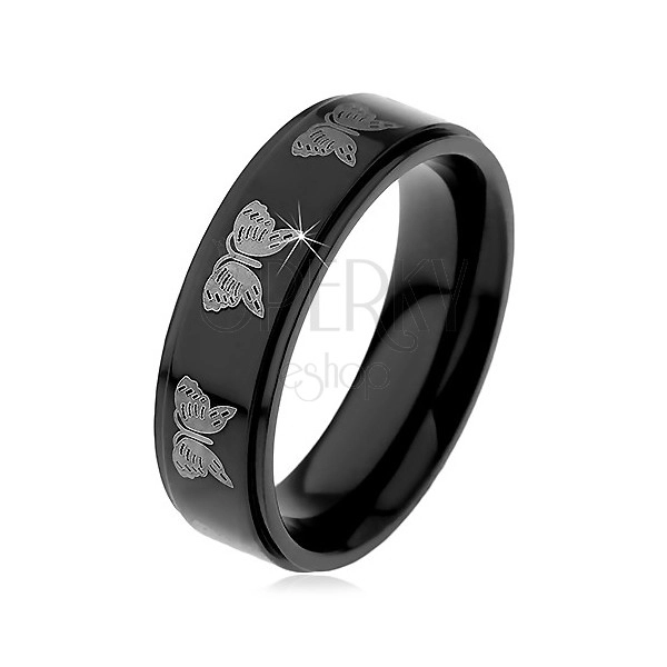 Černý ocelový prsten - motiv světlí motýlci