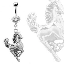 Piercing do pupíku - cválající kůň stříbrné barvy, čirý kulatý zirkon