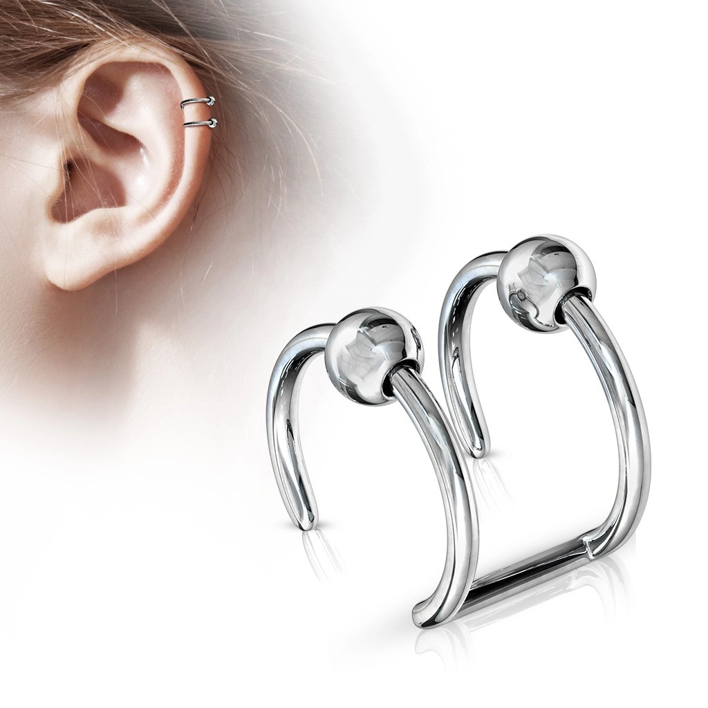 Fake piercing do ucha z chirurgické oceli - dva kroužky s kuličkami