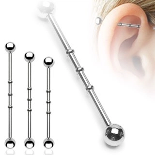 Ocelový piercing do ucha - čínka, vroubkované zářezy, kuličky