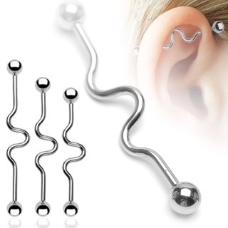 Ocelový piercing do ucha - vlnky, čínka, kuličky - Rozměr: 1,6 mm x 35 mm x 6 mm