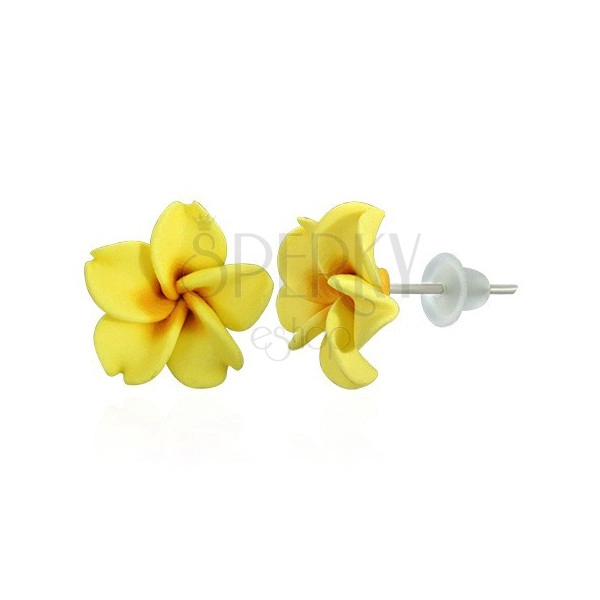 Žluté Fimo náušnice - tvar květ Plumerie