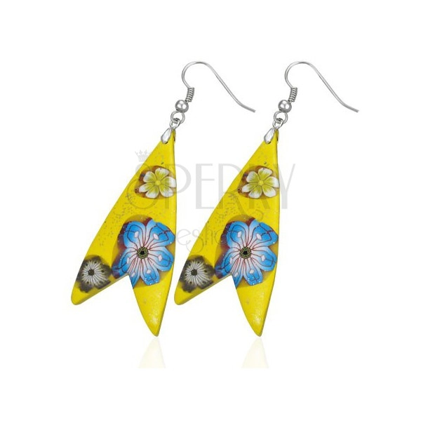 Náušnice Fimo - žlutý trojúhelník, tvar rybka, kvítky
