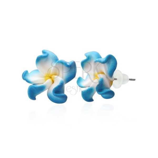 Fimo náušnice - modro-bílé lupeny, květ Plumerie