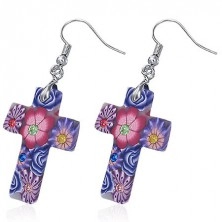 Fimo náušnice - bílý kříž s fialovými květy, zirkony
