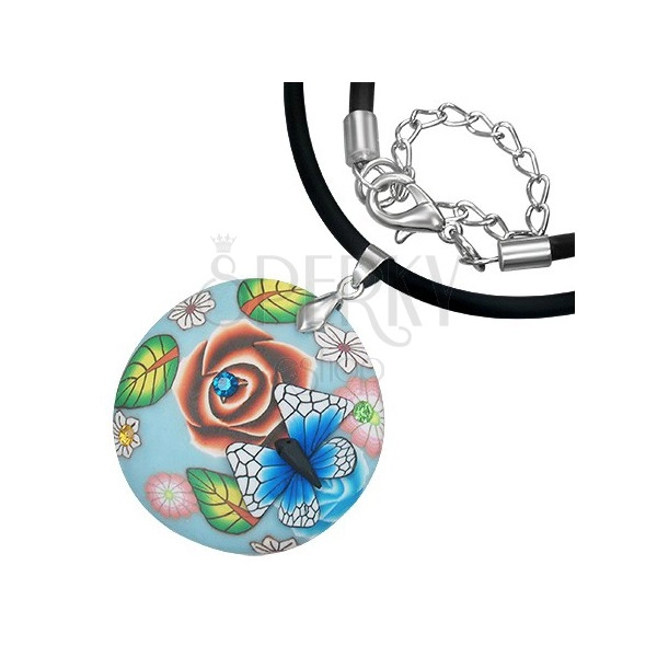 FIMO náhrdelník - modrý kruh s motýlem, zirkony, květy