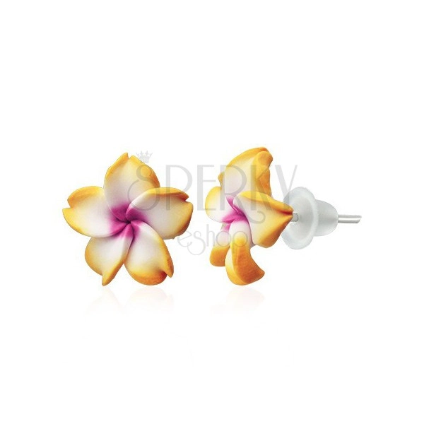 Náušnice Fimo - květ Plumerie, žluto-bílý