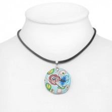 Kulatý Fimo náhrdelník - list, květy, modrobílý motýl