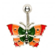 Piercing do bříška - pestrobarevný motýl