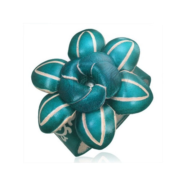 Kožený náramek - tmavě zelený 3D květ s ozdobnými zářezy