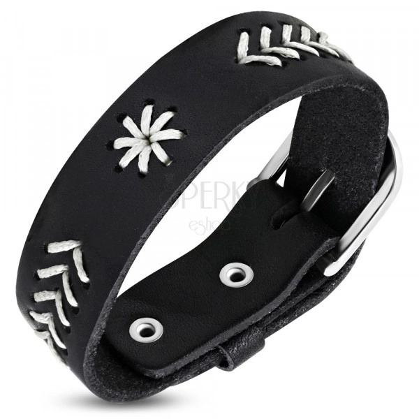 Kožený hodinkový náramek - černý, prošívaný, indiánský motiv