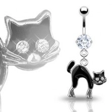 Piercing do pupíku - černá kočka, zirkony