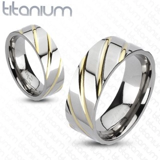 Titanový prsten - stříbrný, zlaté proužky - Velikost: 60