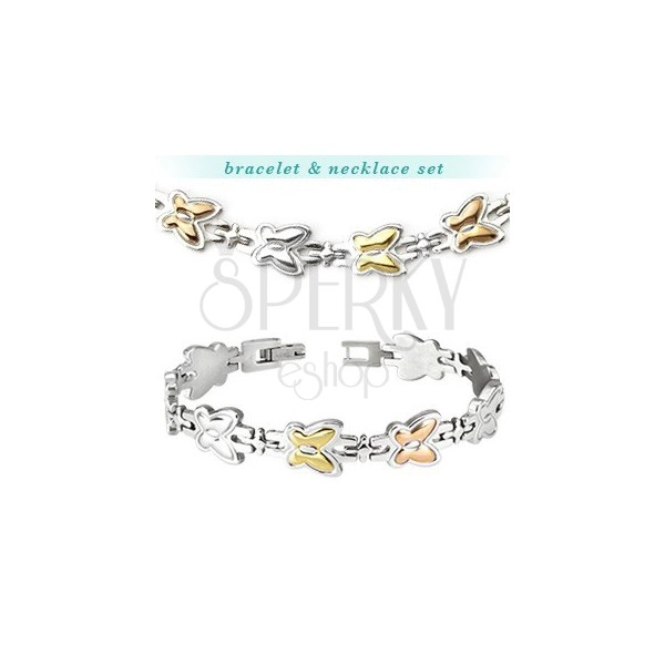 Ocelový náhrdelník a náramek - dvoubarevní motýli