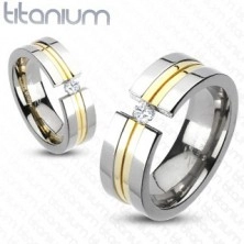 Prsten z titanu - dva zlaté pásy, zirkon
