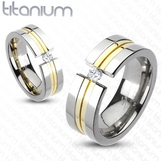 Prsten z titanu - dva zlaté pásy, zirkon - Velikost: 63