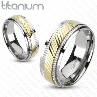 Titanový prsten - dvoubarevný, vroubkovaný - Velikost: 67