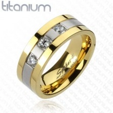 Titanový prsten - zlato-stříbrný, tři zirkony