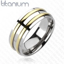Titanový prsten - stříbrný, dva zlaté pásky