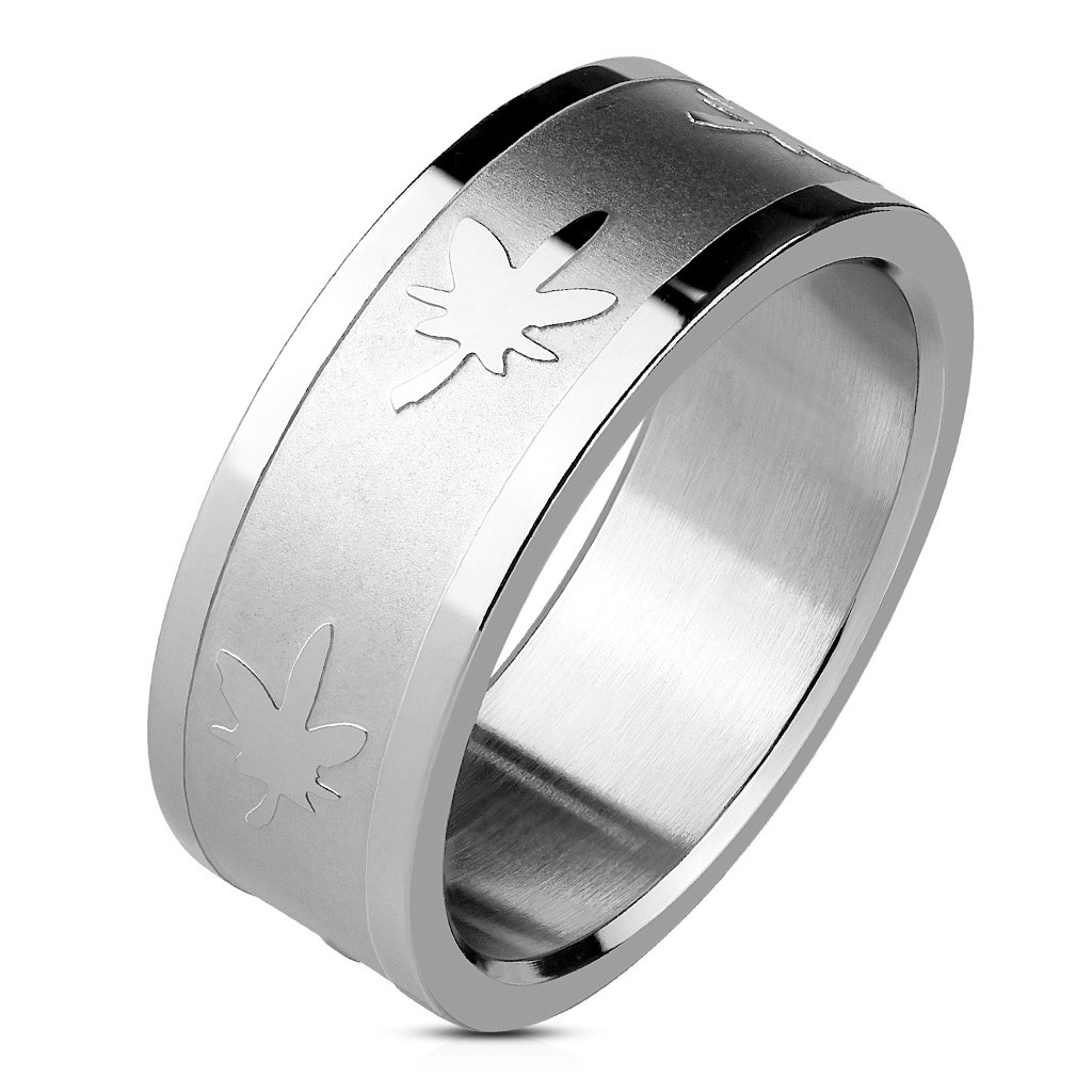 Prsten stříbrné barvy z oceli - lesklé hrany, listy marihuany, 8 mm - Velikost: 65