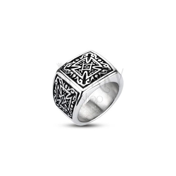 Ocelový stříbrný prsten - pečetní, patinovaný maltézský kříž