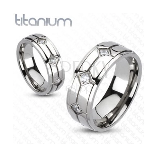 Titanový prsten - kosočtverce, vsazené zirkony