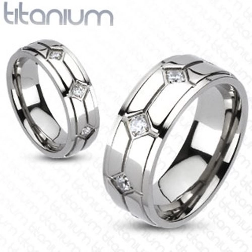 Titanový prsten - kosočtverce, vsazené zirkony - Velikost: 62