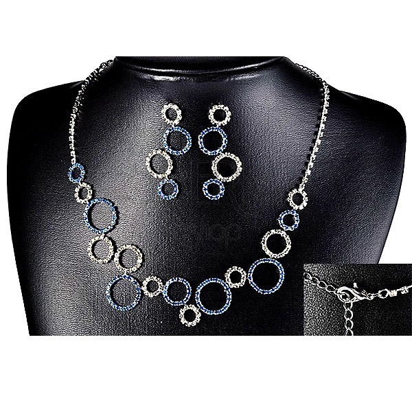 Set náhrdelník a náušnice - čiré a modré kamínkové kruhy