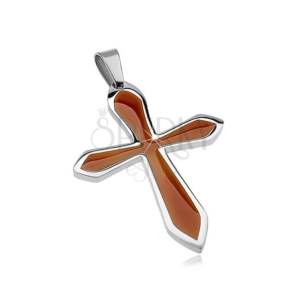 Přívěsek z chirurgické oceli ve tvaru kříže s hnědou glazurou