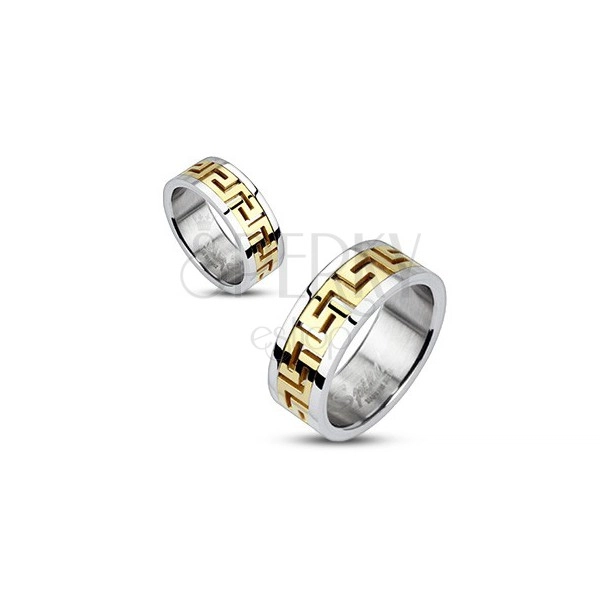 Stříbrný ocelový prsten - zlatý řecký motiv