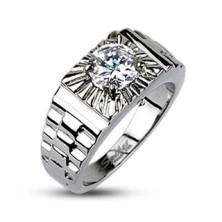 Ocelový prsten - stříbrné paprsky, hodinkový styl
