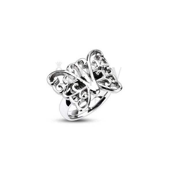 Ocelový prsten - veliký zdobený motýl