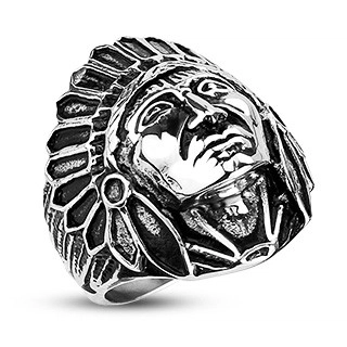 Ocelový prsten - indián Apač, černá patina - Velikost: 73