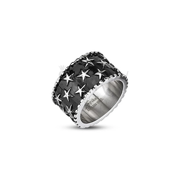 Pánský ocelový prsten - hvězdy na černém podkladu