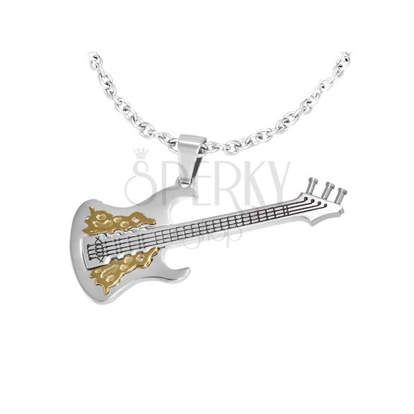 Přívěsek z oceli - elektrická kytara, zlaté plameny