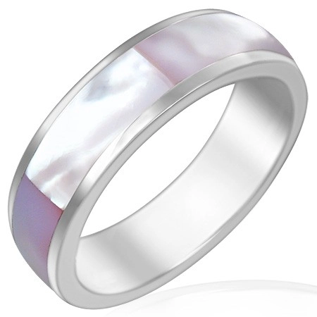 Prsten z lesklé oceli s růžovou perletí - Velikost: 52