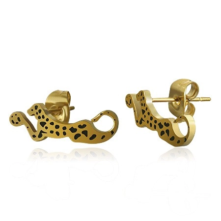 Ocelové náušnice zlaté barvy - ležící leopard s černými skvrnami