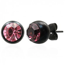 Puzetové ocelové náušnice, černá objímka, růžový střed, 8 mm