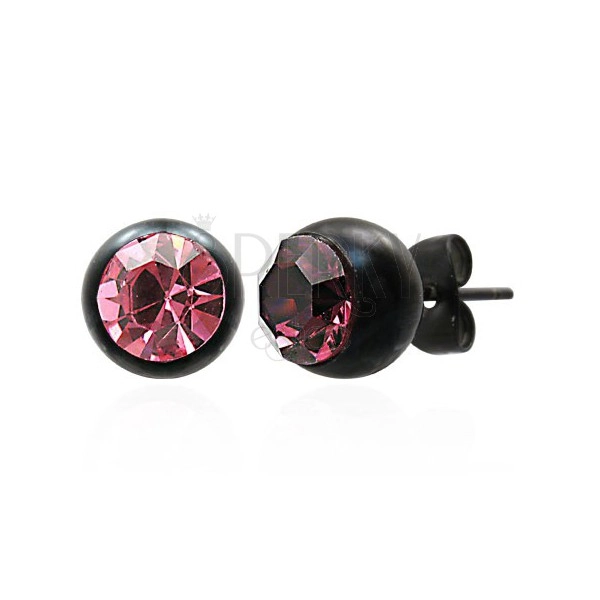 Puzetové ocelové náušnice, černá objímka, růžový střed, 8 mm