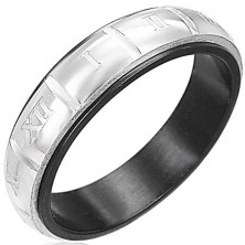 Prsten z oceli - gravírované římské číslice, stříbrná a černá barva