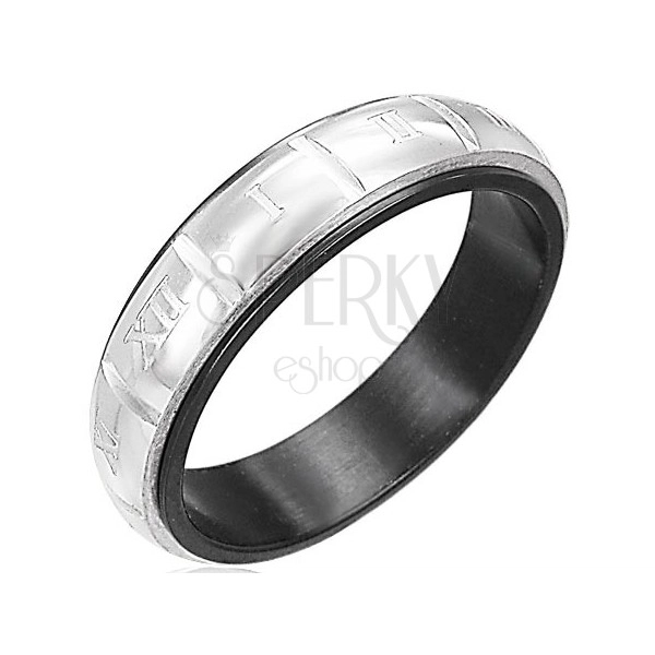 Prsten z oceli - gravírované římské číslice, stříbrná a černá barva
