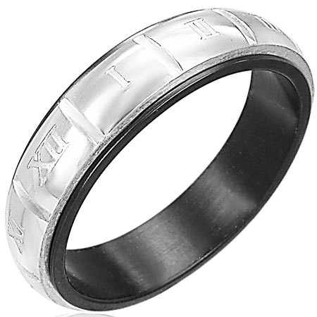 Prsten z oceli - gravírované římské číslice, stříbrná a černá barva - Velikost: 57