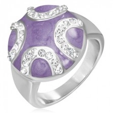 Ocelový prsten - vypouklý fialový kruh, zirkonové půlměsíce