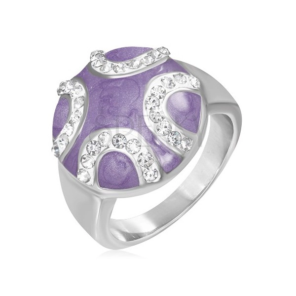 Ocelový prsten - vypouklý fialový kruh, zirkonové půlměsíce