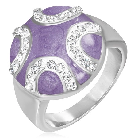 Ocelový prsten - vypouklý fialový kruh, zirkonové půlměsíce - Velikost: 58