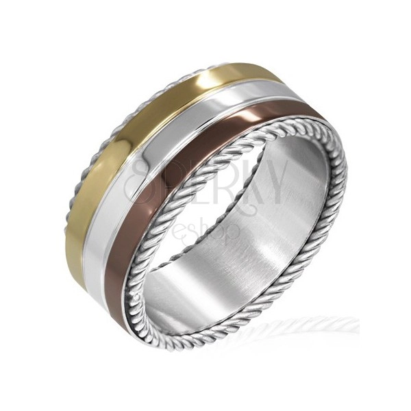 Trojbarevný prsten z oceli - točené lanko na okraji